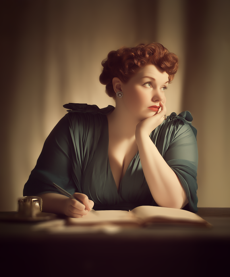 Lisa Matheson - red-headed woman sitting at a writing desk in a negligee with a fountain pen in her hand, poised to write in the open journal on the desk